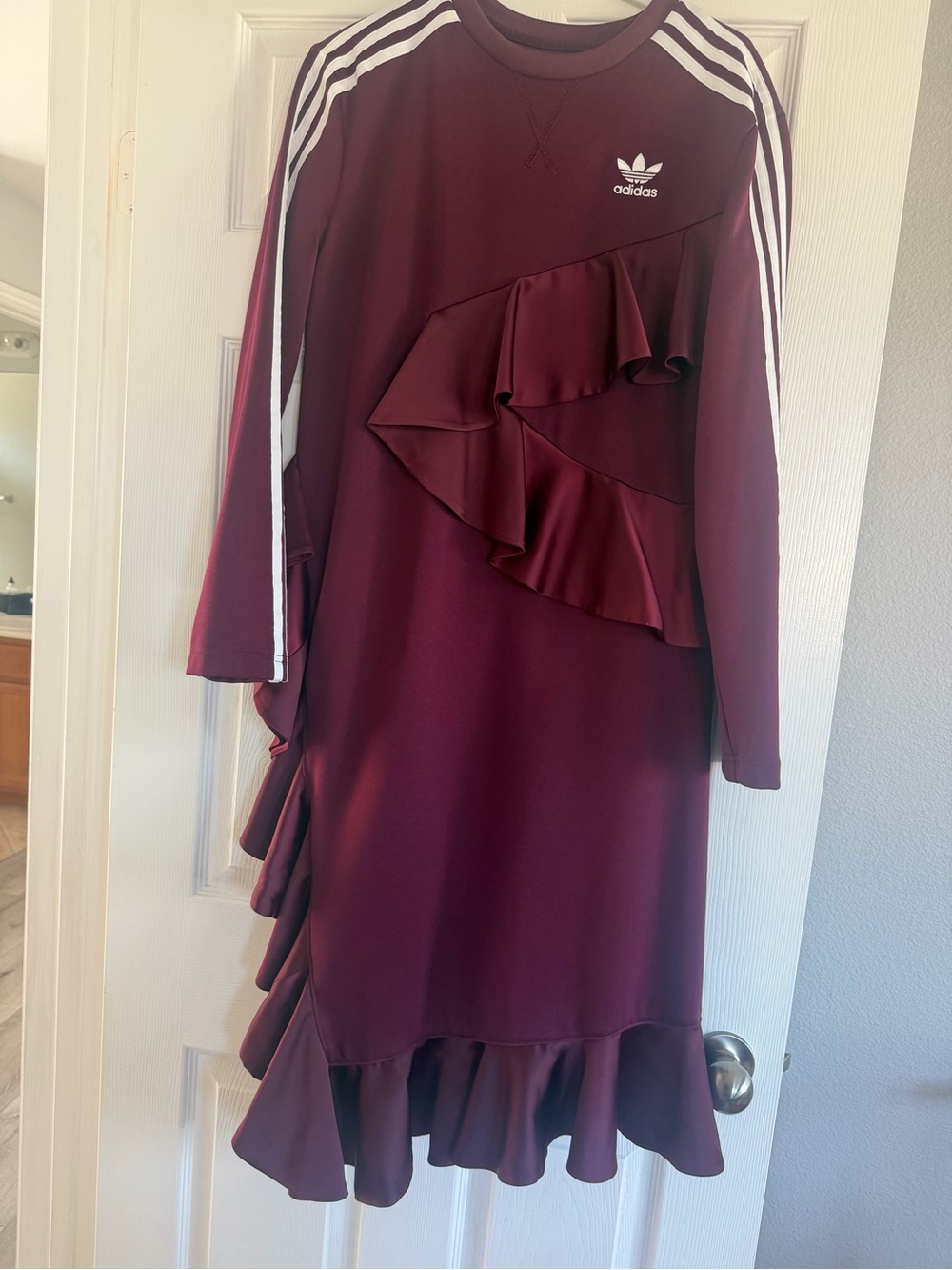 adidas Women's Burgundy Long-Sleeve Ruffle Dress with White Stripes